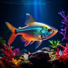 Aquatic creature, brightly colored, swimming amidst coral and rocks