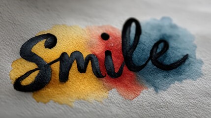 Colorful Handwritten Word Smile on Artistic Background of Watercolor Blots in Yellow, Red, and Blue Shades