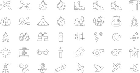 Simple Outline Outdoor Adventure and Camping Trip Icon Symbol Set