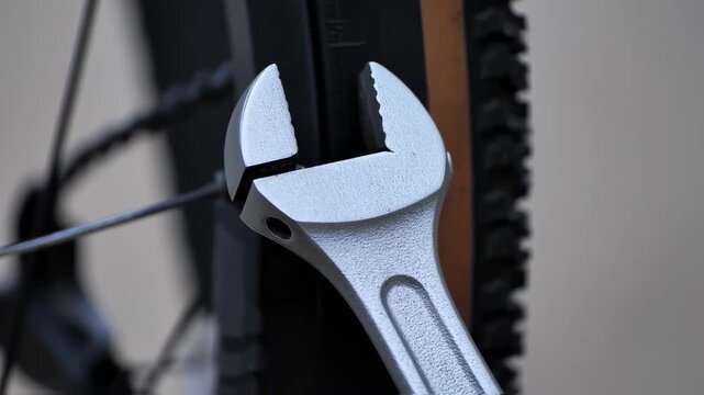 Adjustable Wrench on Bicycle Wheel Spoke, Close-up of Bike Repair Tool.