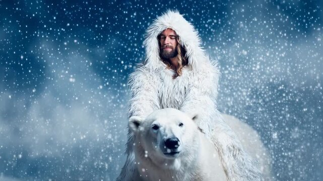 Man with fur coat riding bear in snowy landscape