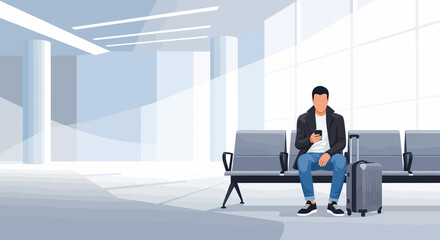Obraz premium Man Checking Phone While Waiting For Flight At Airport Terminal