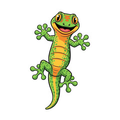 Fototapeta premium Happy cartoon gecko smiling and climbing on white background.