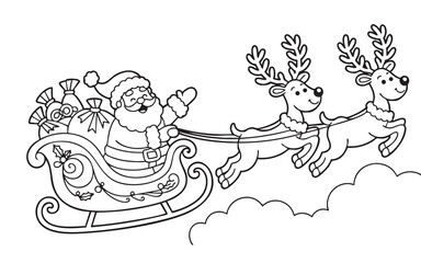 santa claus and reindeer. coloring page for children. vector