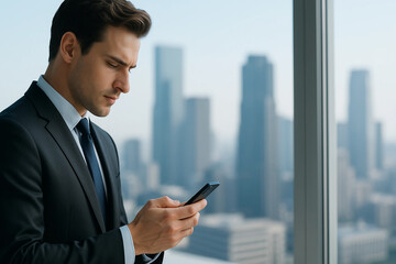 Businessman Checking Smartphone in Modern Office