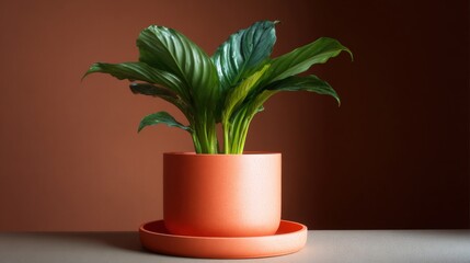 Fototapeta premium Potted plant with large green leaves. the plant is in a terracotta pot with a round base. the pot is placed on a grey surface with a brown background.