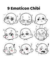 A set of 9 cute chibi emoticon faces showing various anime-style emotions such as happy, sad, angry, confused, and surprised. Perfect for stickers, character design references, manga art, emoji packs,