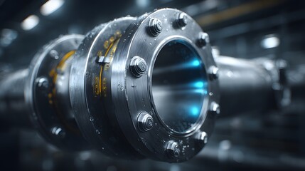 Fototapeta premium Ultra-detailed, cinematic macro photograph of heavy-duty, polished stainless steel industrial piping and flanges secured with numerous bolts.