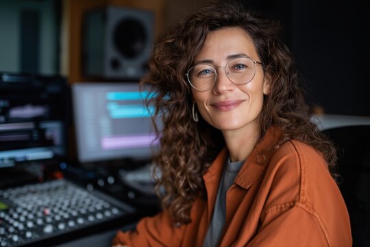 Caucasian young female sound engineer in recording studio smiling at camera