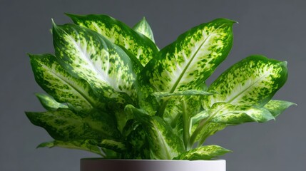Close-up of a potted plant with large, green leaves. the leaves are glossy and have a unique pattern of white and yellow spots on them. the plant is in a white ceramic pot with a round base.