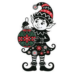 Whimsical Christmas Elf Holding Ornament – Festive Cartoon Holiday Vector