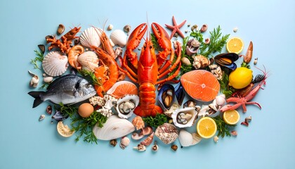 Vibrant Seafood Arrangement: Lobster, Fish, and Shellfish on Blue