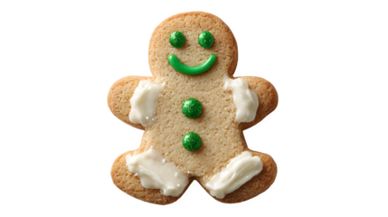 A classic frosted shortbread cookie, cut into a gingerbread man shape with green buttons. Nostalgic, homemade feel, isolated on white background.