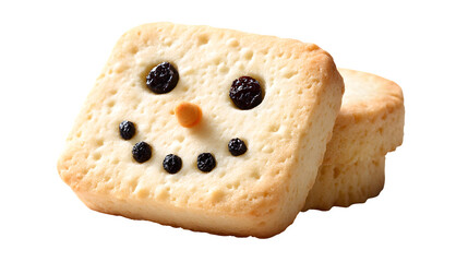A classic frosted shortbread cookie, cut into a snowman shape with raisin eyes. Nostalgic, homemade feel, isolated on white background.