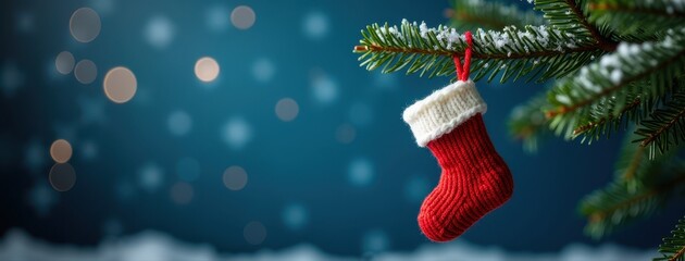 Merry Christmas background with red sock toy on a branch