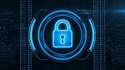 Futuristic cybersecurity concept with a glowing blue padlock icon on a digital circuit board background - Powered by Adobe