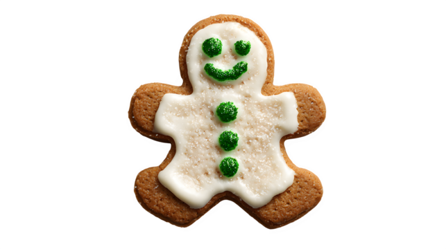 A classic frosted shortbread cookie, cut into a gingerbread man shape with green buttons. Nostalgic, homemade feel, isolated on white background.