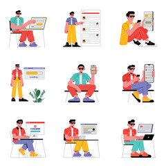 Freelancers and developers interacting with web dashboards illustrations set 3
