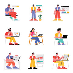 People analyzing data and managing app interfaces illustrations set 4