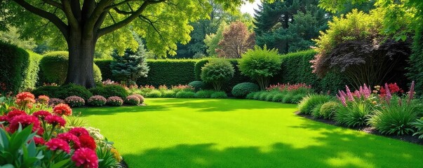 Serene backyard oasis featuring lush green lawn, vibrant flowerbeds, and mature trees creating a peaceful domestic landscape Perfect for relaxation and outdoor living , bushes, outdoor