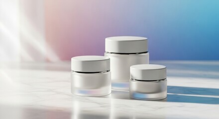Skincare jars in minimalist design with soft lighting and pastel background  
