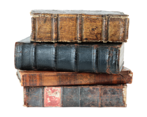 Stack of antique books, isolated on transparent background. THIS IS REAL PHOTO, NOT IS GENERATIVE AI
