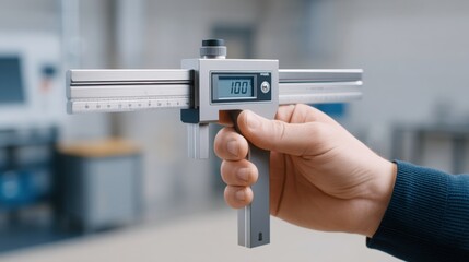 3D printer technician A person holds a digital caliper for precise measurements in a workshop setting.