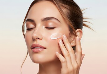 Young woman applying cream on her face with gentle expression  