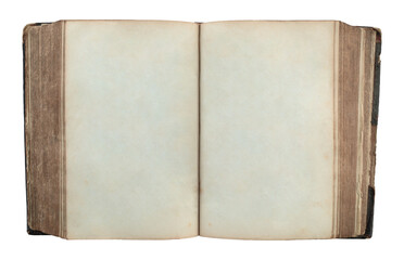 Open antique book showing blank aged pages, isolated on transparent background. THIS IS REAL PHOTO, NOT IS GENERATIVE AI