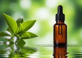 Amber glass dropper bottle with leaves on water surface background  