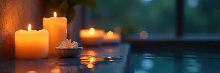 Serene candlelight illuminates a tranquil space, casting warm, inviting shadows on smooth surfaces Perfect for relaxation, spa, meditation, and wellness themes , glow, soft light, self-care