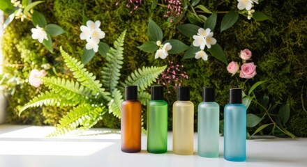 Colorful shampoo bottles arranged on white surface with greenery background  