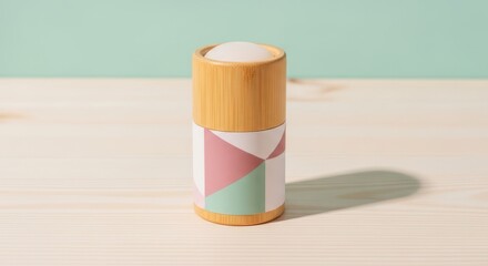 Simple wooden container with geometric design on pastel background  