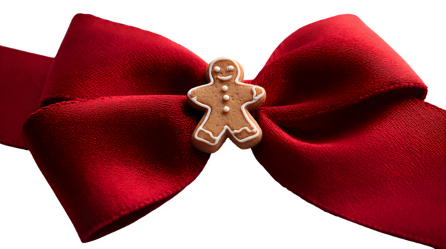 A close-up of a red ribbon bow, with a tiny, perfect gingerbread man cookie attached to its center. Detailed and whimsical macro shot, isolated on white background.