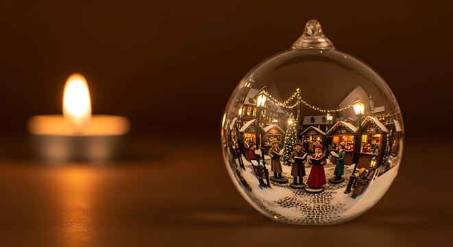 A reflective glass Christmas ornament with a painted market scene sits beside a glowing tealight candle on a wooden surface.