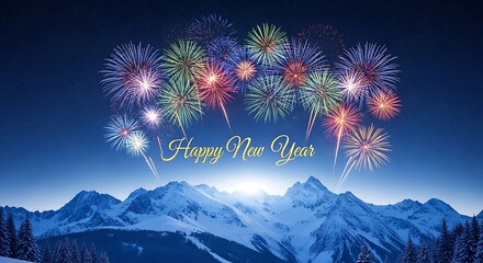 Happy new year celebration with vibrant fireworks display over snowcapped mountains, creating a festive and scenic winter wonderland