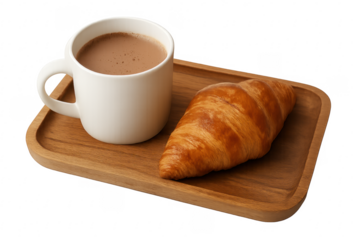Morning breakfast with croissant and hot chocolate on tray