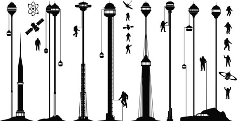 Black and white illustration, astronauts exploring futuristic towers, rocket launch pad, satellite orbit, space technology, cosmic science fiction, creative astronautics artwork © MdMahmudul