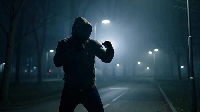 AI generative video of a boxer practicing shadow boxing in a gloomy park at night, showing strength, focus, and determination