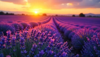 Serene lavender field at sunset, bathed in golden light Perfect for relaxation, aromatherapy, and spiritual wellness imagery Evokes calm, peace, and tranquility , relaxation, peace