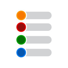 Four colorful circular buttons with gray rectangular labels for list items