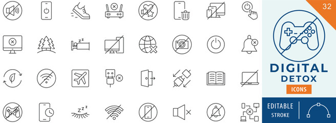 Digital Detox icon collection set. Editable stroke.