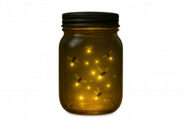 Glass jar catching fireflies flying and glowing inside, isolated on transparent background symbolizing nature magic