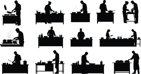 Fototapeta premium Cooking silhouette illustration set, chef preparing food, kitchen activity, culinary art, cooking process, restaurant design, dining and gastronomy concept