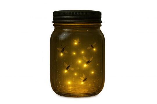 Glass jar catching fireflies flying and glowing inside, isolated on transparent background symbolizing nature magic