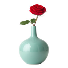 Fototapeta premium Single red rose in a light blue ceramic vase isolated on black for elegant floral display isolated on transparent background