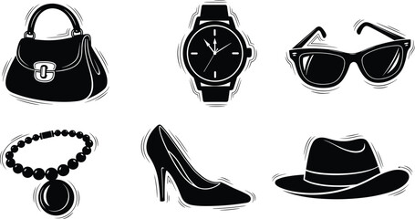 Fashion accessories icon set, handbag illustration, wristwatch design, sunglasses silhouette, necklace jewelry, high heel shoe, stylish hat vector