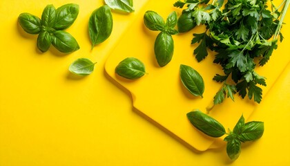 Vibrant Yellow Background with Fresh Basil and Parsley