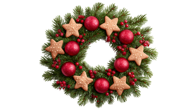 A festive wreath made of fir, adorned with a mix of red Christmas balls and star-shaped sugar cookies. Traditional and whimsical, photorealistic, isolated on white background.
