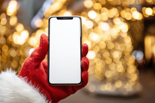 Santa Claus Hand Holding Phone Isolated Blank White Screen. Golden Bokeh Light Background. Close Up. Christmas Gifts Buying. Gloved Hand with Smartphone Vertical MockUp. Advertisement gesture. Banking